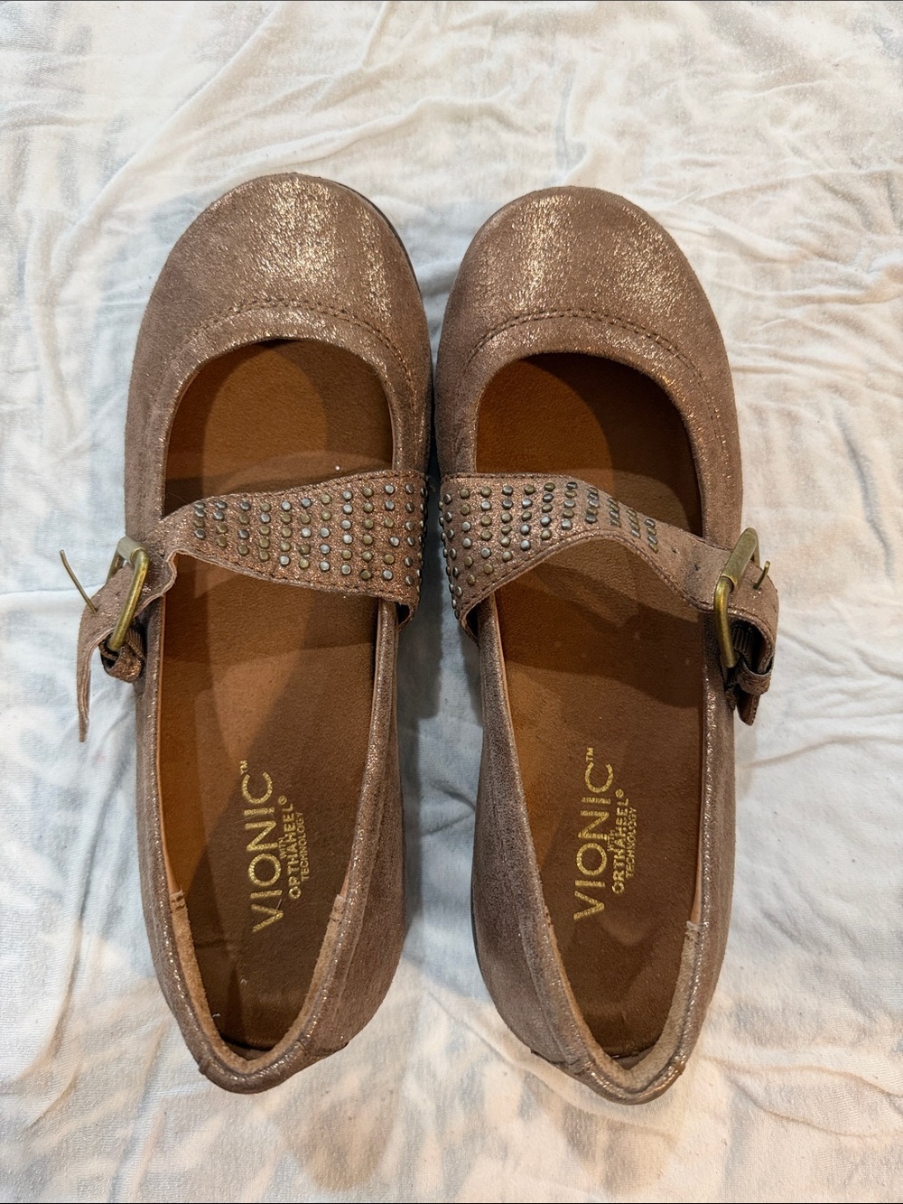 Vionic Rose Gold Sparkle Mary Jane Flats with Studded Strap